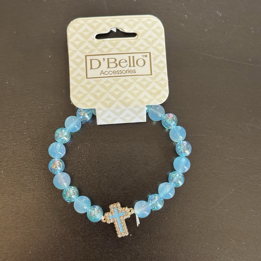 D'Bello  Blue Beaded Stretch Charm‎ Bracelet Cross Womens Fashion Jewelry NEW